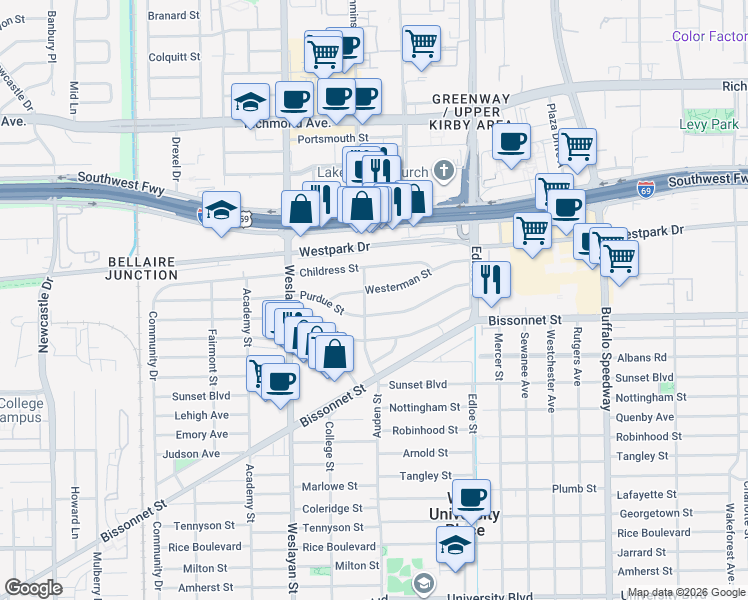 map of restaurants, bars, coffee shops, grocery stores, and more near 3784 Purdue Street in Houston