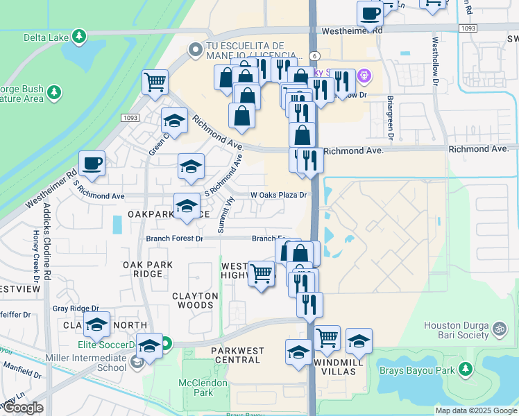 map of restaurants, bars, coffee shops, grocery stores, and more near 14708 Branchwest Drive in Houston