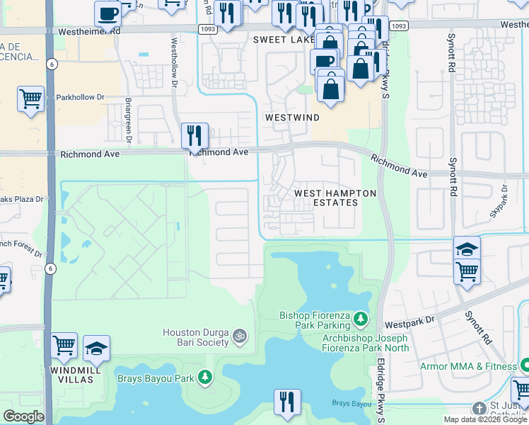 map of restaurants, bars, coffee shops, grocery stores, and more near 3224 Windchase Boulevard in Houston
