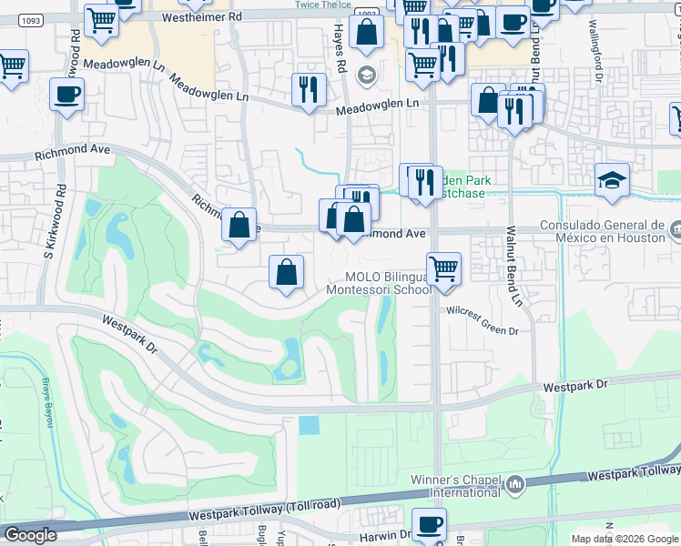 map of restaurants, bars, coffee shops, grocery stores, and more near 11415 Noblewood Crest Lane in Houston