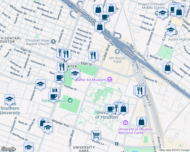 map of restaurants, bars, coffee shops, grocery stores, and more near 3100 Cullen Blvd in Houston