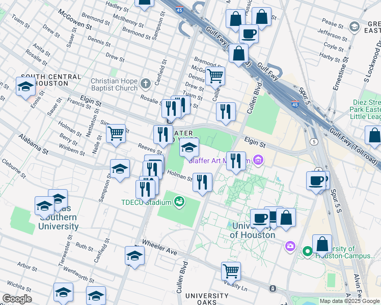 map of restaurants, bars, coffee shops, grocery stores, and more near in Houston