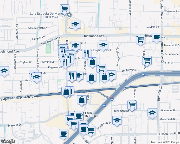 map of restaurants, bars, coffee shops, grocery stores, and more near 6370 Windswept Lane in Houston