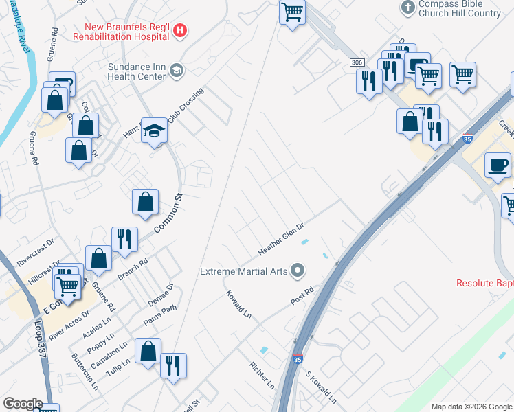 map of restaurants, bars, coffee shops, grocery stores, and more near 2077 Interstate 35 in New Braunfels