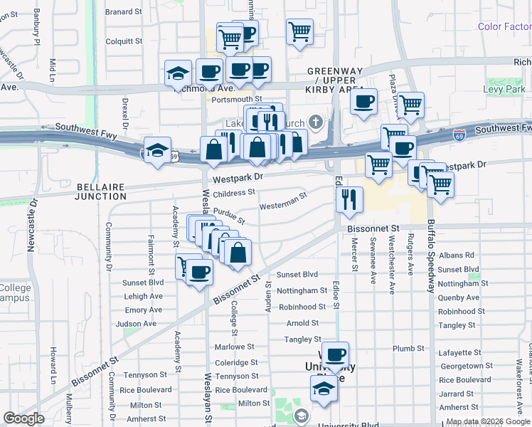 map of restaurants, bars, coffee shops, grocery stores, and more near 3789 Westerman Street in Houston