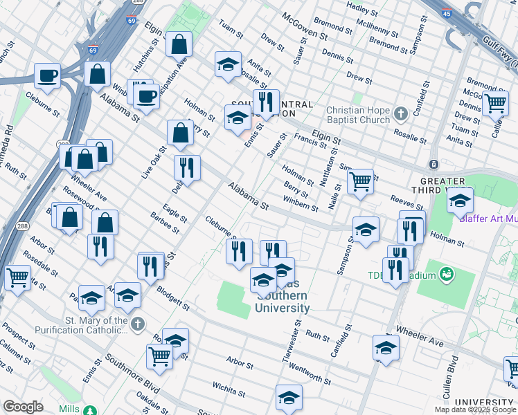 map of restaurants, bars, coffee shops, grocery stores, and more near 3801 Briley Street in Houston