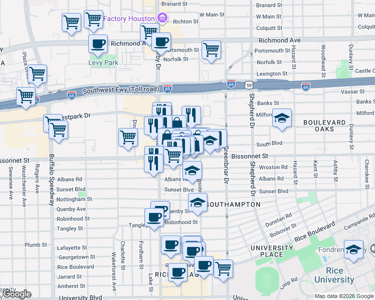 map of restaurants, bars, coffee shops, grocery stores, and more near 2438 Bissonnet Street in Houston
