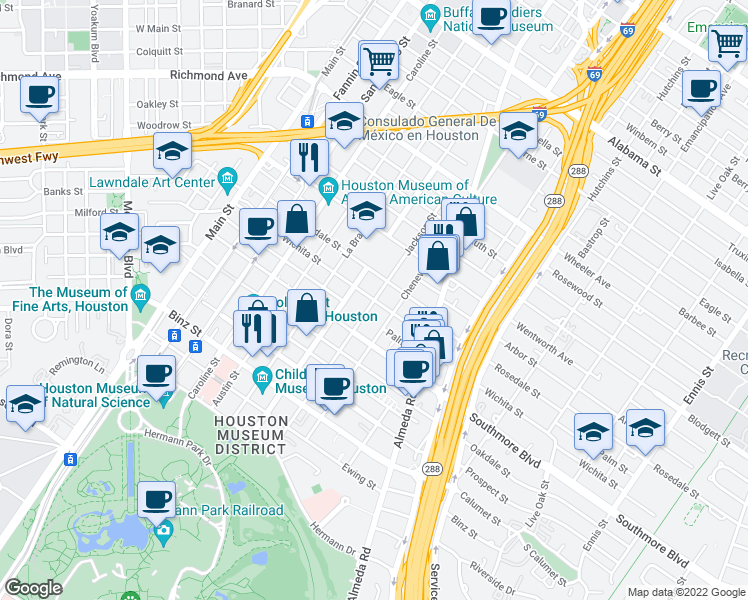 map of restaurants, bars, coffee shops, grocery stores, and more near Wichita St & Jackson St in Houston