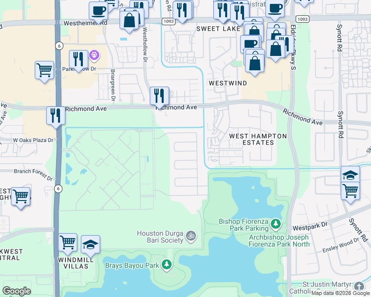map of restaurants, bars, coffee shops, grocery stores, and more near 13810 Beech Hollow Lane in Houston