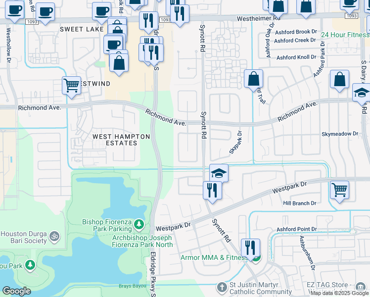 map of restaurants, bars, coffee shops, grocery stores, and more near 3122 Hazel Park Drive in Houston