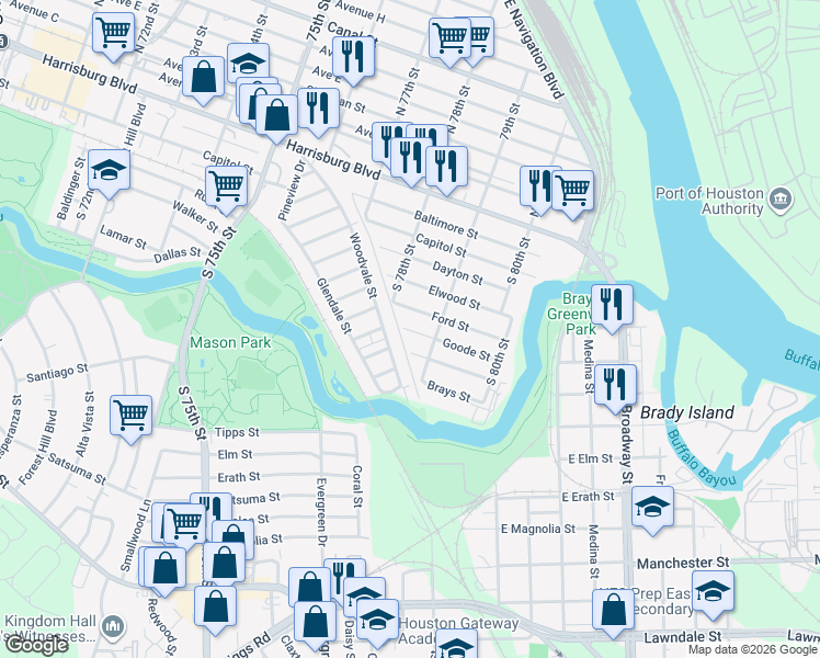 map of restaurants, bars, coffee shops, grocery stores, and more near 199 Woodvale Street in Houston