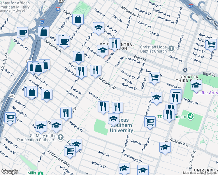 map of restaurants, bars, coffee shops, grocery stores, and more near 101 Briley Street in Houston
