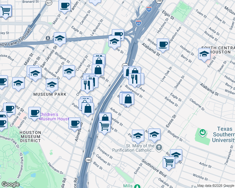 map of restaurants, bars, coffee shops, grocery stores, and more near 2203 Wentworth Avenue in Houston