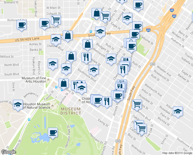 map of restaurants, bars, coffee shops, grocery stores, and more near 1603 Southmore Boulevard in Houston