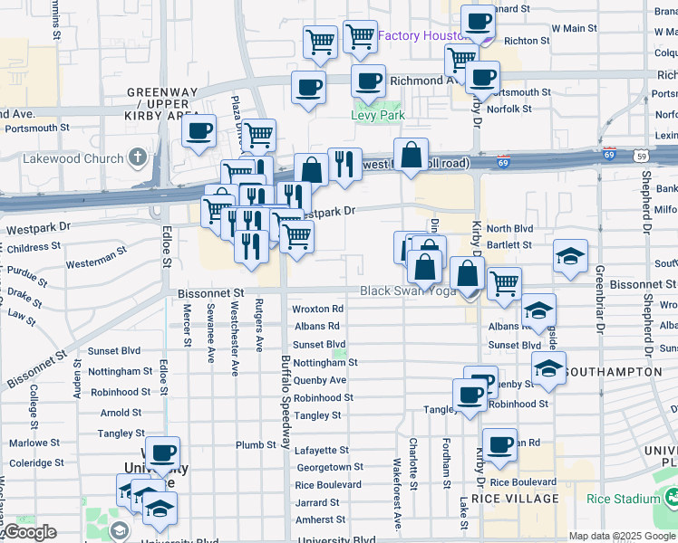 map of restaurants, bars, coffee shops, grocery stores, and more near 3015 Bissonnet Street in Houston