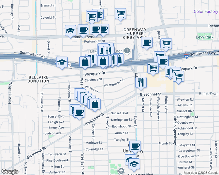 map of restaurants, bars, coffee shops, grocery stores, and more near 3784 Purdue Street in Houston