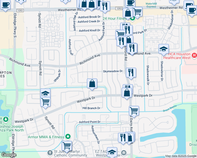 map of restaurants, bars, coffee shops, grocery stores, and more near 12715 Skyknoll Lane in Houston