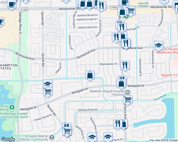 map of restaurants, bars, coffee shops, grocery stores, and more near 3339 Knollwest Drive in Houston