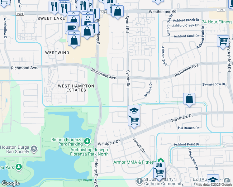 map of restaurants, bars, coffee shops, grocery stores, and more near 3122 Hazel Park Drive in Houston