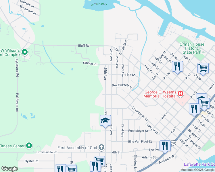 map of restaurants, bars, coffee shops, grocery stores, and more near 303 25th Avenue in Apalachicola