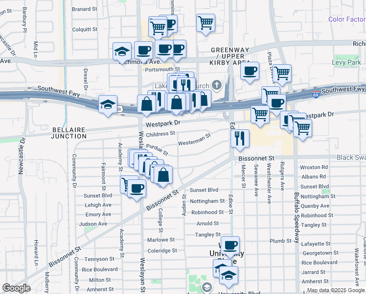 map of restaurants, bars, coffee shops, grocery stores, and more near 3789 Westerman Street in Houston