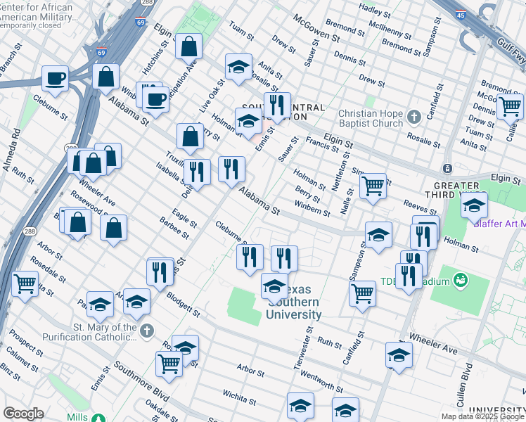 map of restaurants, bars, coffee shops, grocery stores, and more near 101 Briley Street in Houston