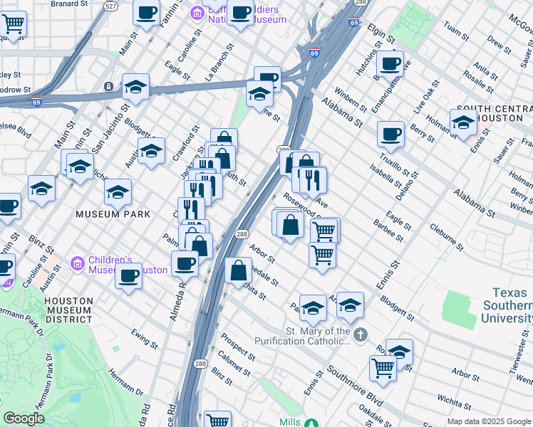 map of restaurants, bars, coffee shops, grocery stores, and more near 2203 Wentworth Avenue in Houston