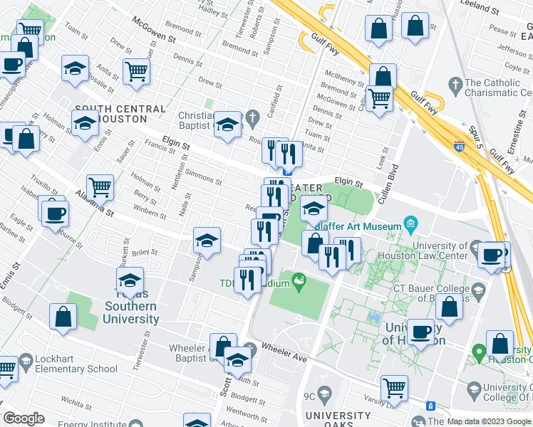 map of restaurants, bars, coffee shops, grocery stores, and more near 3502 Reeves Street in Houston