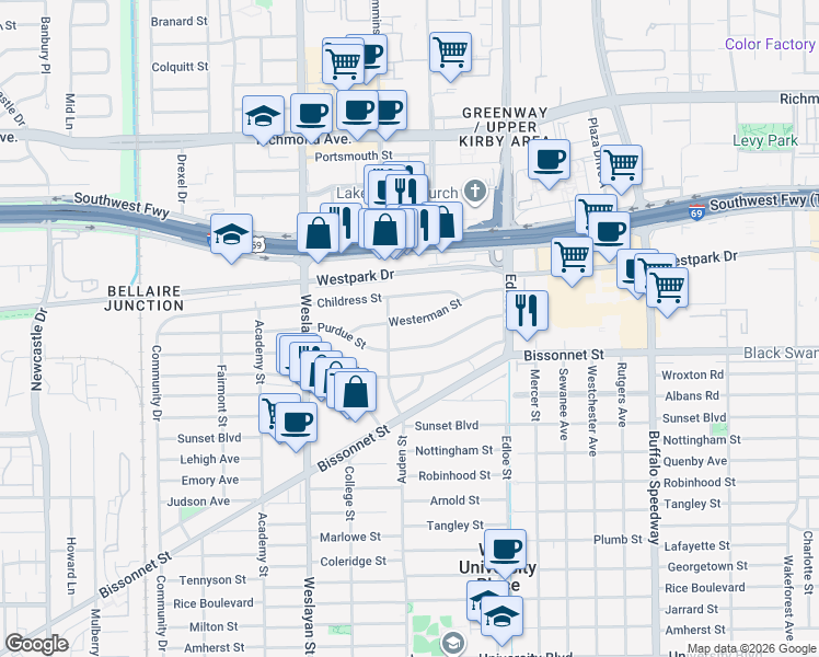 map of restaurants, bars, coffee shops, grocery stores, and more near 3783 Westerman Street in Houston