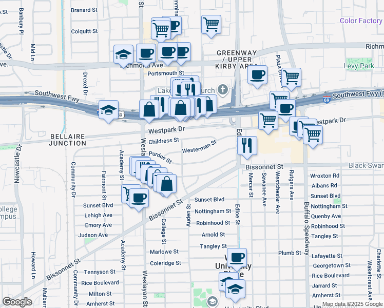 map of restaurants, bars, coffee shops, grocery stores, and more near 3783 Westerman Street in Houston