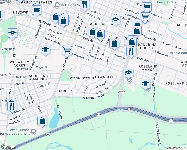 map of restaurants, bars, coffee shops, grocery stores, and more near 704 Parkway Drive in Baytown