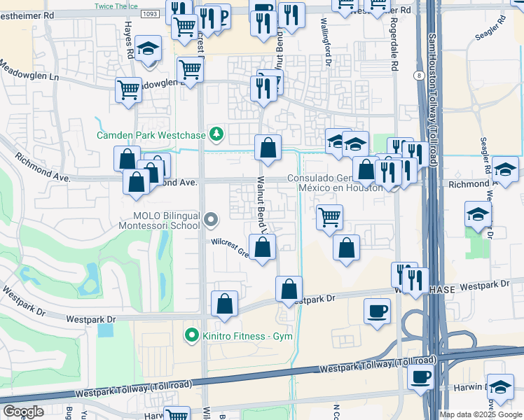 map of restaurants, bars, coffee shops, grocery stores, and more near 3283 Walnut Bend Ln in Houston