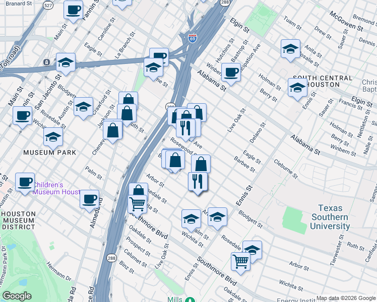 map of restaurants, bars, coffee shops, grocery stores, and more near 2409 Ruth Street in Houston