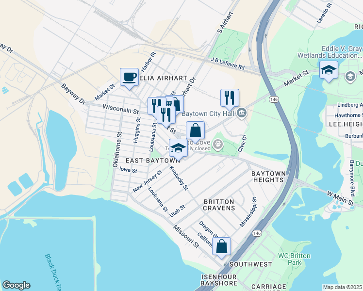 map of restaurants, bars, coffee shops, grocery stores, and more near 2600 Virginia Street in Baytown