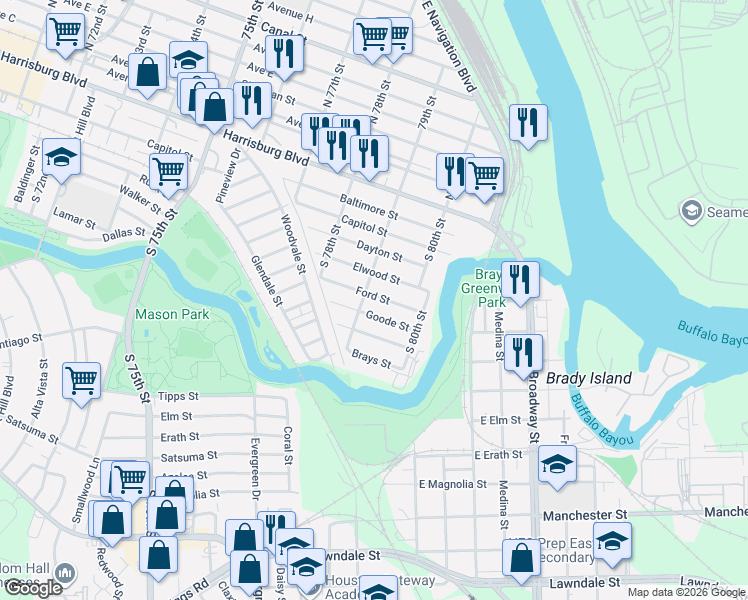 map of restaurants, bars, coffee shops, grocery stores, and more near 710 1/2 South 79th Street in Houston