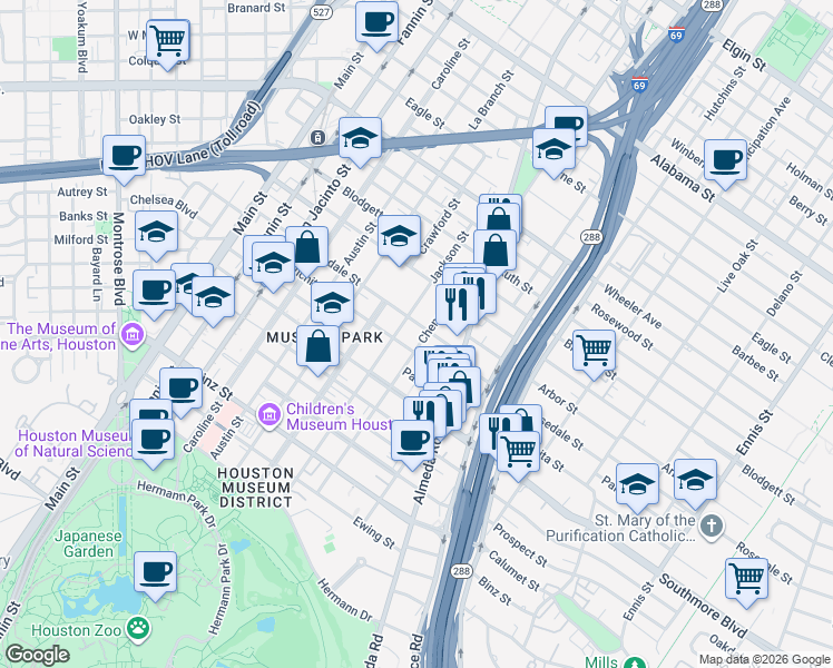 map of restaurants, bars, coffee shops, grocery stores, and more near 1811b Wichita Street in Houston