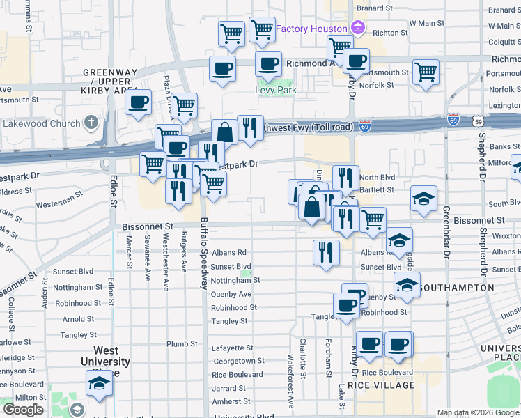 map of restaurants, bars, coffee shops, grocery stores, and more near 3000 Bissonnet Street in Houston