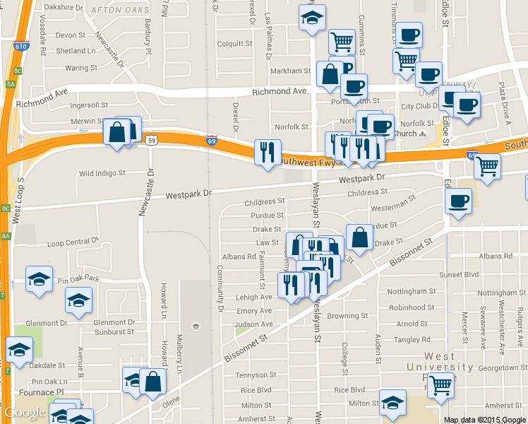 map of restaurants, bars, coffee shops, grocery stores, and more near 4206 Drake Street in Houston