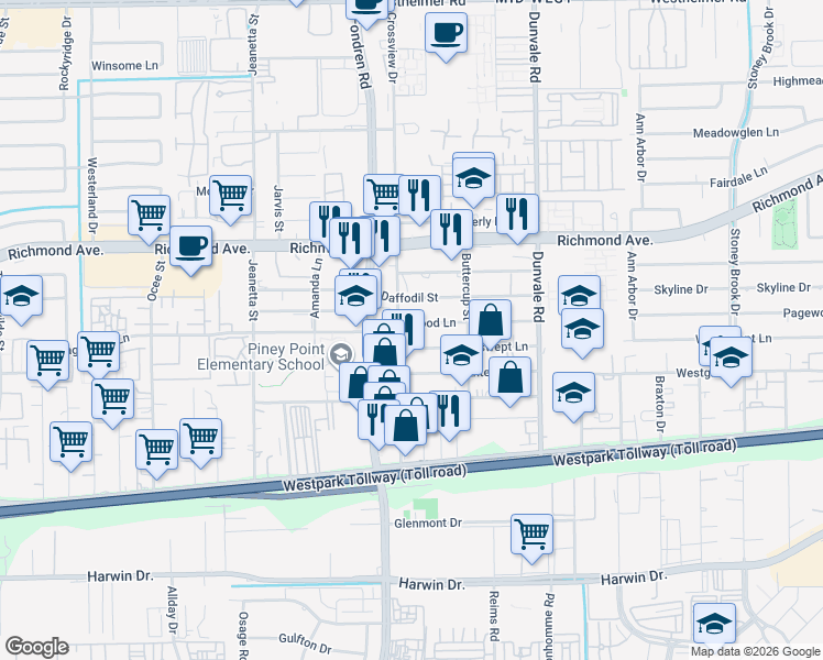 map of restaurants, bars, coffee shops, grocery stores, and more near 8721 Windswept Lane in Houston