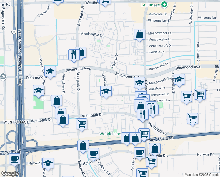 map of restaurants, bars, coffee shops, grocery stores, and more near 1502 Pagewood Lane in Houston