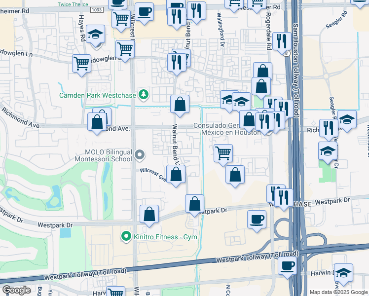 map of restaurants, bars, coffee shops, grocery stores, and more near 3283 Walnut Bend Lane in Houston