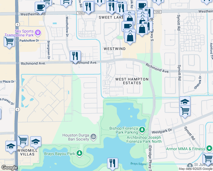 map of restaurants, bars, coffee shops, grocery stores, and more near 3266 Windchase Boulevard in Houston