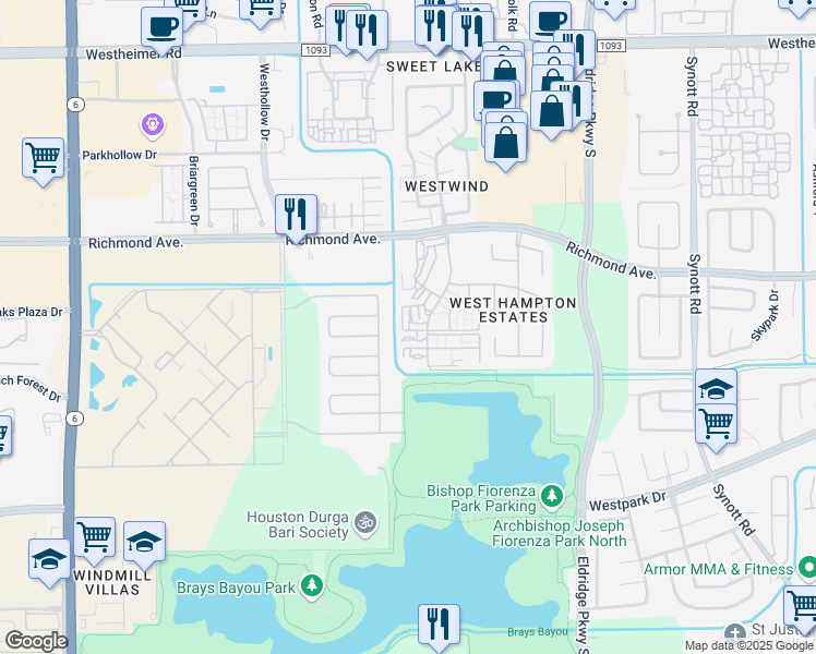 map of restaurants, bars, coffee shops, grocery stores, and more near 3266 Windchase Boulevard in Houston