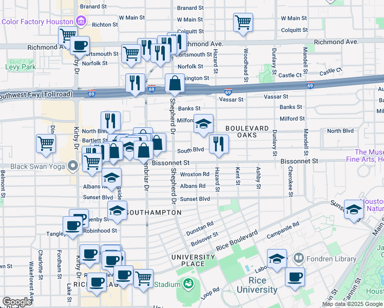map of restaurants, bars, coffee shops, grocery stores, and more near 2107 Bissonnet Street in Houston