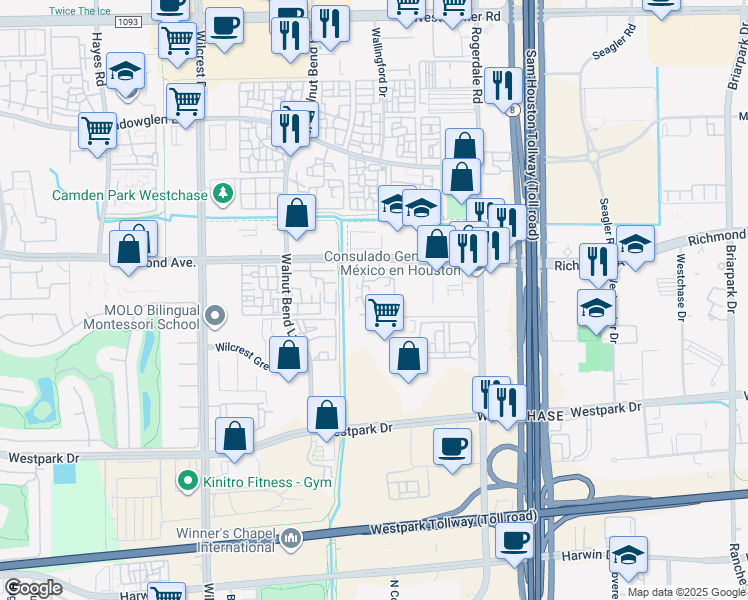 map of restaurants, bars, coffee shops, grocery stores, and more near 10777 Richmond Avenue in Houston