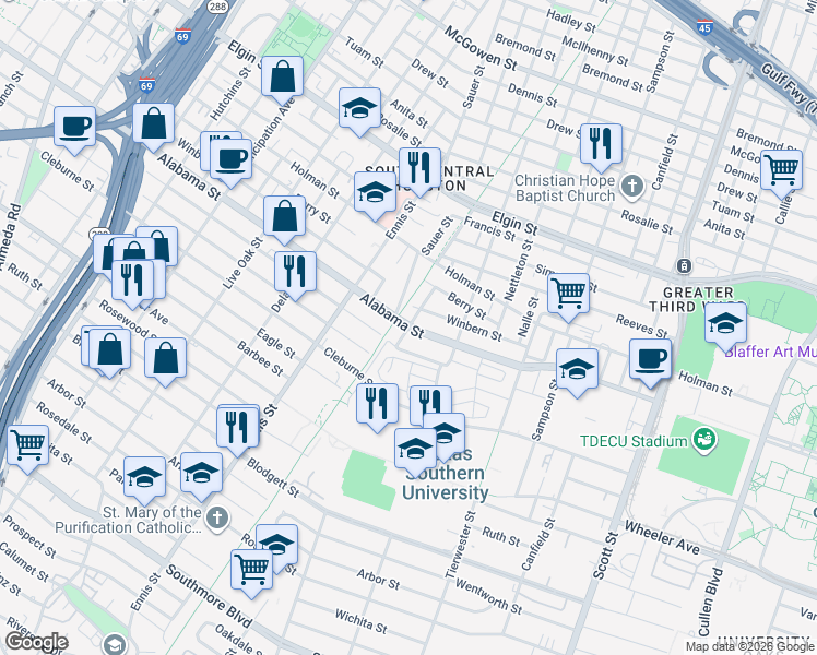 map of restaurants, bars, coffee shops, grocery stores, and more near Alabama St & Briley St in Houston