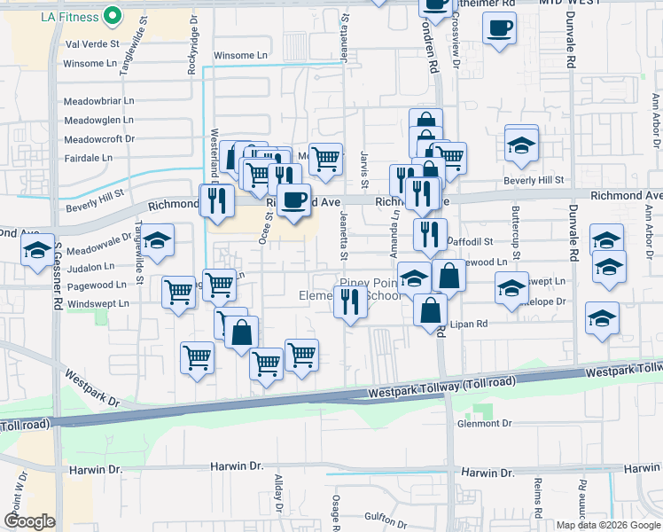 map of restaurants, bars, coffee shops, grocery stores, and more near 3708-3760 Jeanetta St in Houston