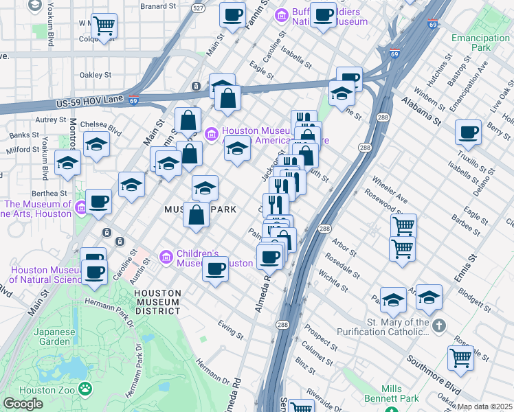 map of restaurants, bars, coffee shops, grocery stores, and more near 1718 Rosedale Street in Houston