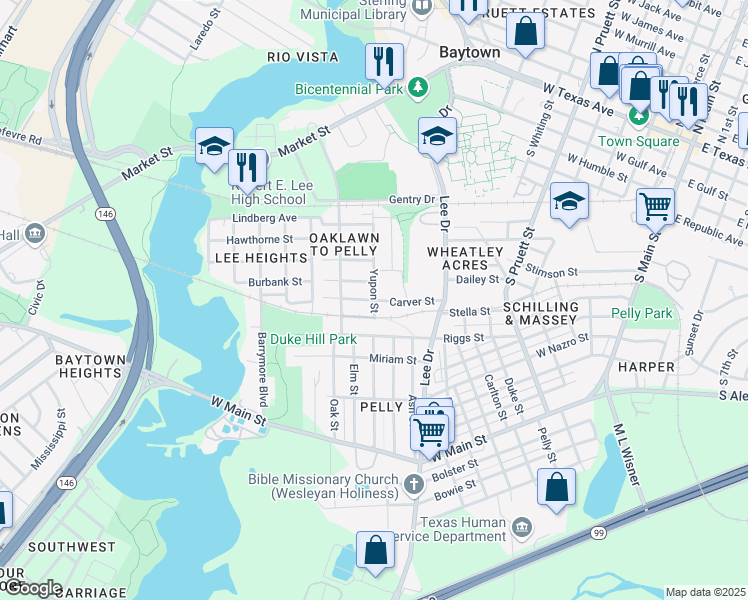 map of restaurants, bars, coffee shops, grocery stores, and more near 1101 Carver Street in Baytown