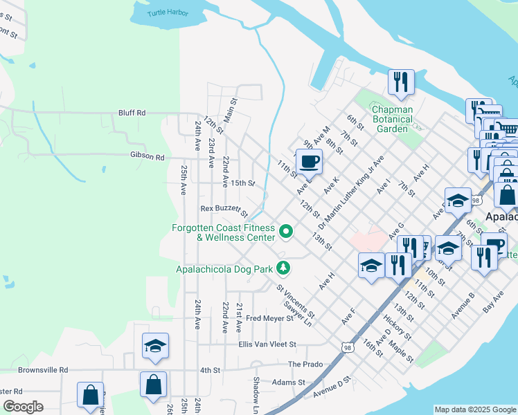 map of restaurants, bars, coffee shops, grocery stores, and more near Jefferson Street in Apalachicola